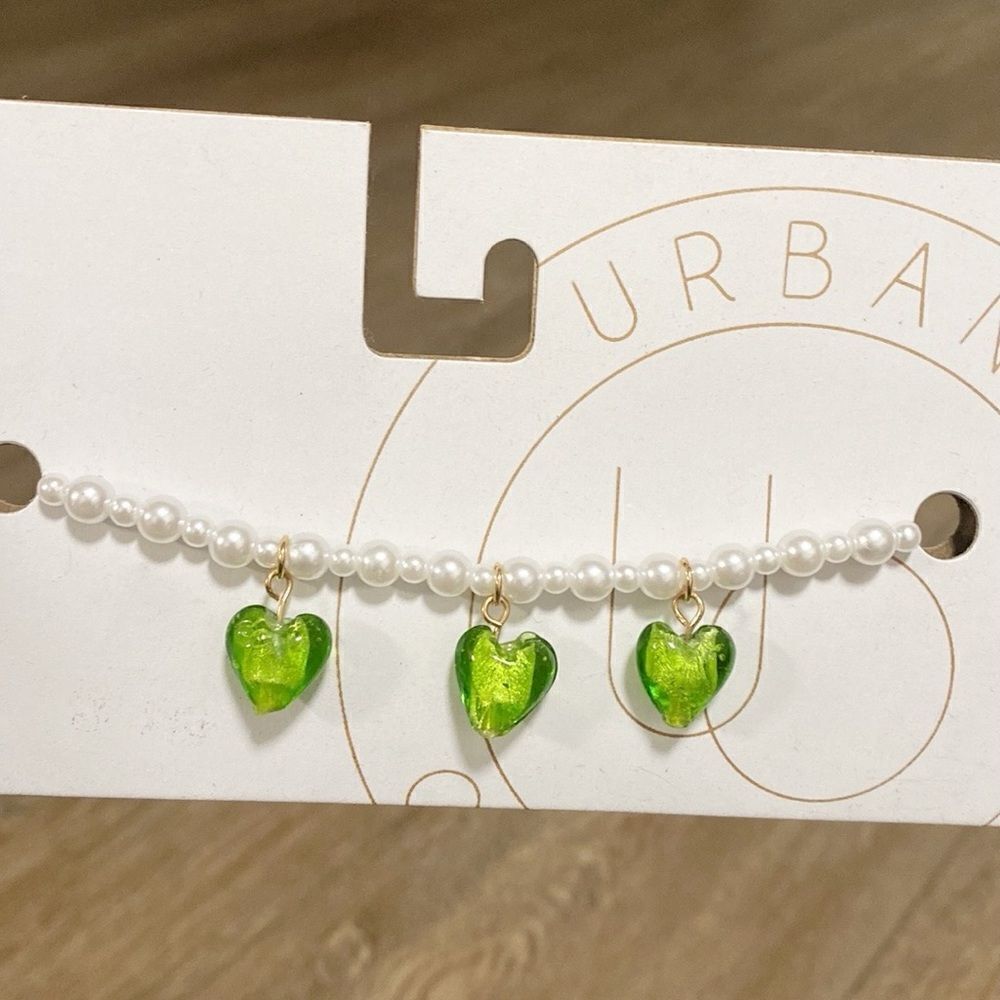 Urban Outfitters Faux Pearl Choker Adjustable Necklace Green Heart Stone Charms